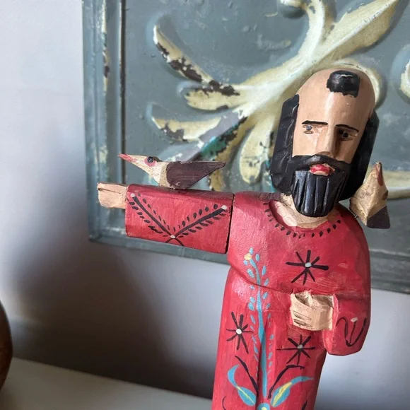 Vintage carved painted wood st Francis statue with bird folk art - Picture 3 of 12
